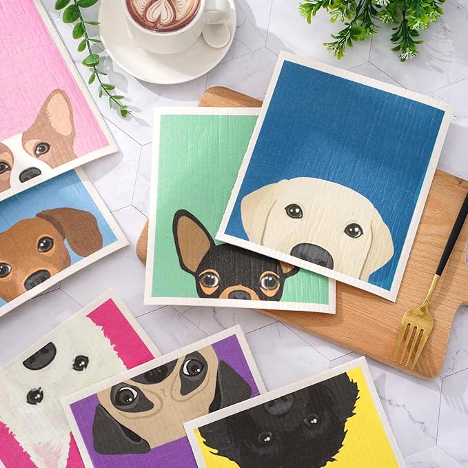 8 Packs Cute Dog Swedish Dishcloths Assorted Puppy Pattern Kitchen Towels Colorful Reusable Cotton Absorbent Dish Towels for Home Party Housewarming Cleaning, 7 x 8 Inch