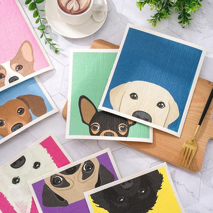 8 Packs Cute Dog Swedish Dishcloths Assorted Puppy Pattern Kitchen Towels Colorful Reusable Cotton Absorbent Dish Towels for Home Party Housewarming Cleaning, 7 x 8 Inch