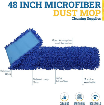 KLEEN HANDLER 48 Inch Microfiber Dust Mop, X-Large Washable Commercial, Sweeper, Janitorial Head Replacement, Push Mop Broom, Blue