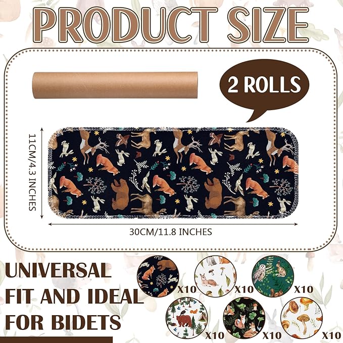 FuWeave 60 Pack Reusable Toilet Paper Washable Soft Bidet Towels Bulk Gifts Paperless Rolls Flannel Cotton 12'' x 4.3 Family Cloth Wipes Bathroom Napkins with Cardboard (Wilderness)