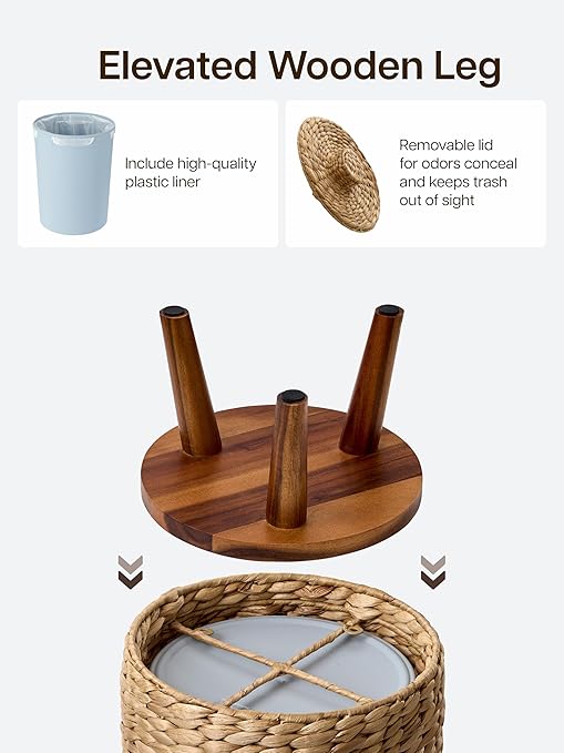 Tidita 3 Gallon Wicker Trash Can with Lid, Water Hyacinth Wicker Waste Basket for Bathroom - Decorative Bathroom Trash Can with Wooden Leg - Rattan Garbage Can with a Lid, Liner - Assembly Required