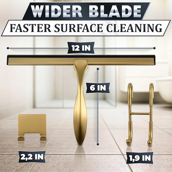 12 Inch Shower Door Squeegee - Gold Squeegee for Shower Glass with Stainless Steel Body, Silicone Blade, Adhesive & Hanging Hooks for Streak-Free Mirror, Tile, Window, Bathroom, Car, Everyday Home Use