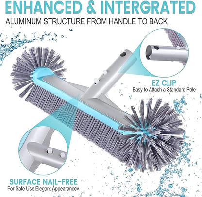 Swimming Pool Brush Head with Round Ends，17.5" Heavy Duty Aluminum Back Head for Cleans Walls, Tiles & Floors, 7 Rows Premium Nylon Bristles with EZ Clips (Blue Grey)