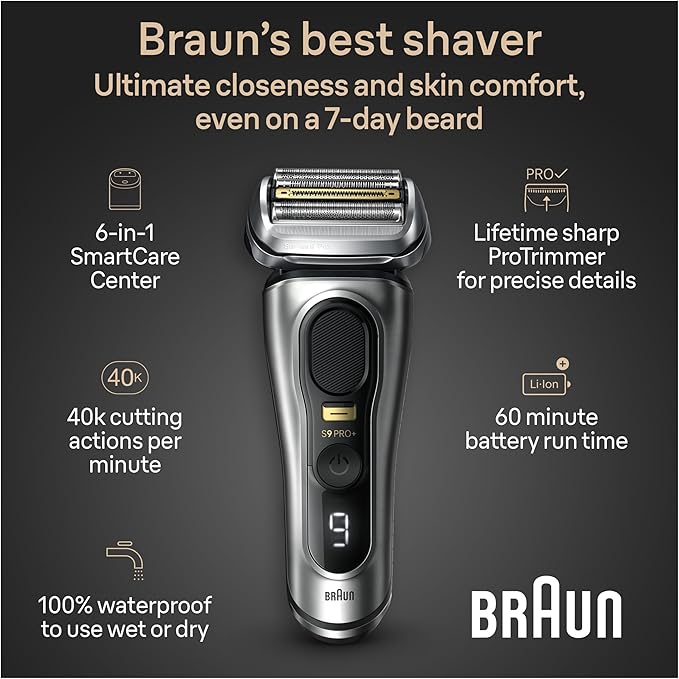 Braun Series 9 PRO+ Electric Razor for Men, 5 Pro Shave Elements & Precision Long Hair Trimmer, 6in1 SmartCare Center, Wet & Dry Electric Shaver for Smooth Skin with 60min Battery Runtime, 9567cc