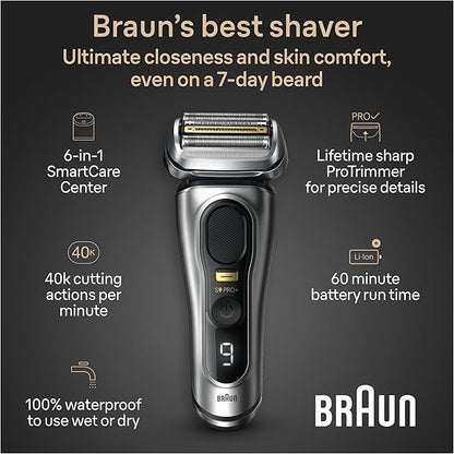Braun Series 9 PRO+ Electric Razor for Men, 5 Pro Shave Elements & Precision Long Hair Trimmer, 6in1 SmartCare Center, Wet & Dry Electric Shaver for Smooth Skin with 60min Battery Runtime, 9567cc