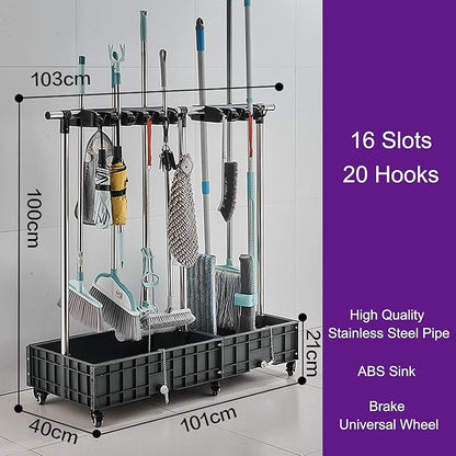 Mop and Broom Holder Cleaning Supplies Mop Bucket Garden Tool Organizer Cleaning Carts on Wheels Freestanding Broom Closet Storage Cabinet Mop Sink for Ho(One Color-16 Slots 20 Hooks