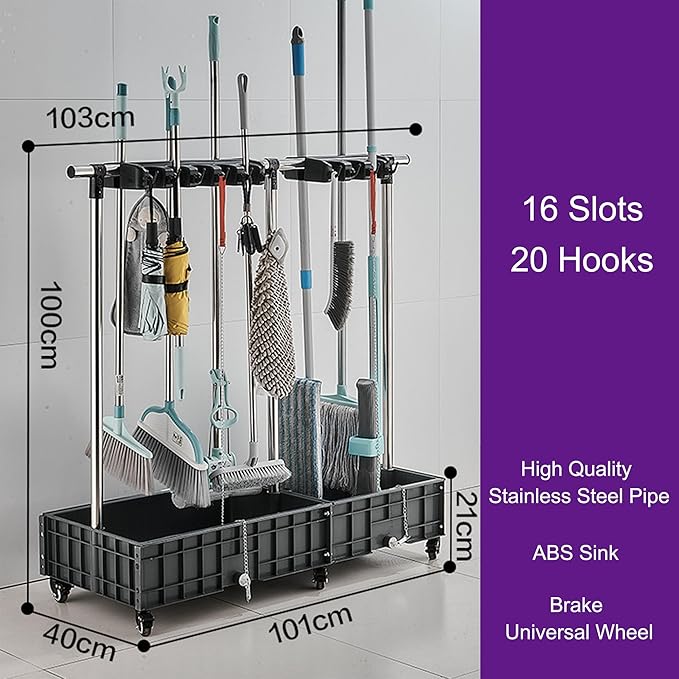 Mop and Broom Holder Cleaning Supplies Mop Bucket Garden Tool Organizer Cleaning Carts on Wheels Freestanding Broom Closet Storage Cabinet Mop Sink for Housekeeping Garage Restaurant ( Color : One col