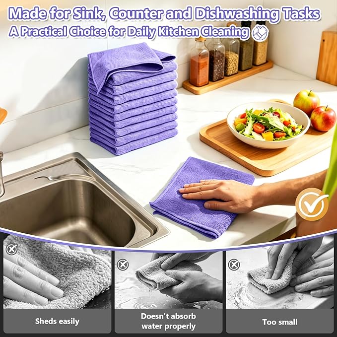 Kitchen Dish Cloths, 12 Pack, 10 x 10 Inches, Coral Velvet Kitchen Towels, Soft Lint Free Reusable Dish Cloths for Dishes, Tables and Household Cleaning, Purple