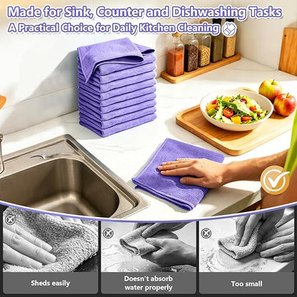 Kitchen Dish Cloths, 12 Pack, 10 x 10 Inches, Coral Velvet Kitchen Towels, Soft Lint Free Reusable Dish Cloths for Dishes, Tables and Household Cleaning, Purple