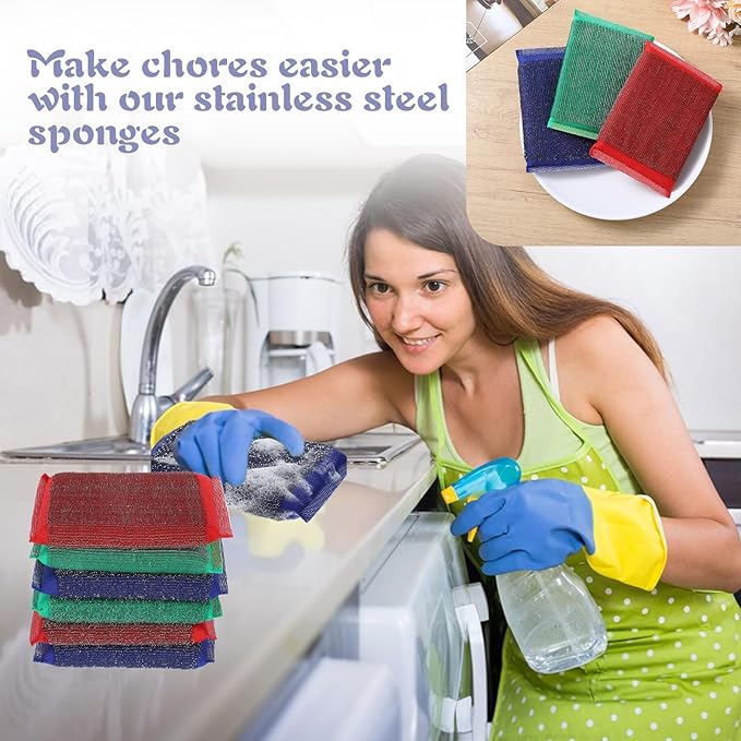 6 pcs Steel Wool Kitchen Sponges Steel Dish Scrub Sponge Reusable Non-Scratch Scrubbers Multipurpose Scouring Sponges Duty Dish Microfiber Wash Kitchen Sponge for Cleaning Tools Pots Pans Scrub