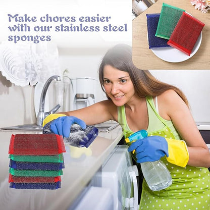 6 pcs Steel Wool Kitchen Sponges Steel Dish Scrub Sponge Reusable Non-Scratch Scrubbers Multipurpose Scouring Sponges Duty Dish Microfiber Wash Kitchen Sponge for Cleaning Tools Pots Pans Scrub