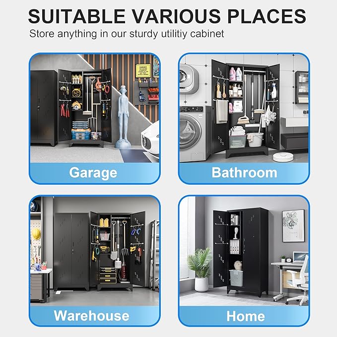 VASAAOSD Metal Garage Storage Cabinet, 75” Cleaning Tool Cabinet with Hooks and Hanging Rods, Heavy Duty Garden Tool Organizer, Broom Cabinets for Home, Garage, Laundry Room, Gym, Workshop