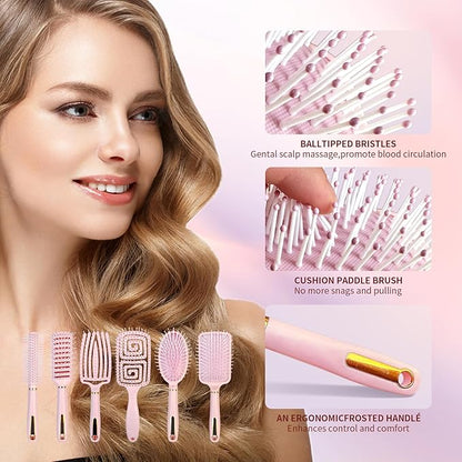 11PCS Hair Brush Set, Round Brush and Paddle Hair Brush Great On Wet Long Thick Hair, Detangling Brush and Spray Bottle for Wavy Curly Hair Pink