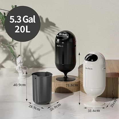 MRBIN Metal Trash Can with Lid, 5.3 Gallons / 20L Medium Decorative Waste Basket, Round Tall Garbage with High Leg for Bathroom, Office, Bedroom, Kitchen, Black