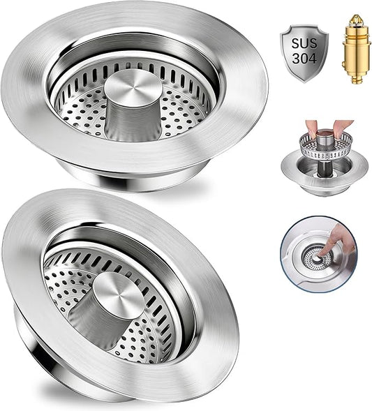 3 in 1 Kitchen Sink Drain Strainer,Pop up Sink Stopper Kitchen Drain, Anti-Clogging Strainer Basket Odor Prevention Plug Stopper for US Standard 3-1/2” Drain (Silver-2pcs)