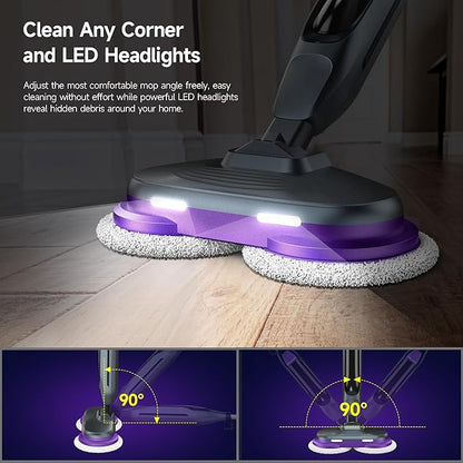 Scrub & Steam Mop with Rotating Mop Pads, LED Headlights, 6 Scrub Pads, Large Tank, Swivel Steering, Effortless Scrubbing Hard Floor Cleaner Upgraded