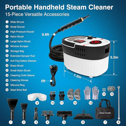 Steam Cleaner for Home & Car Detailing, 2500W High Pressure Portable Steamer with 6-Level Adjustable Steam, 15s Heat-Up, 9.8ft Long Hose, ANSI Z87.1 Goggles, 17-Pcs Kit for Tile, Grout, Hardwood