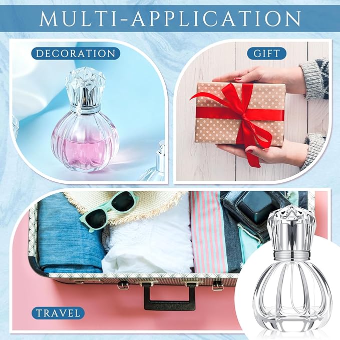 Teenyyou 12 Pack 50ml/1.7oz Refillable Glass Perfume Spray Bottles, Empty Crystal Glass Fragrance Spray Bottles Bulk, Vintage Atomizer with Refill Tool for Travel, Home Decor(Pumpkin Silver)