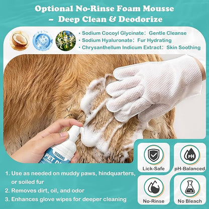 Pet Glove Wipes for Dogs & Cats, Travel-Friendly, with No-Rinse Foam Mousse for Enhanced Cleaning & Deodorizing, Extra Thick Hypoallergenic Design, Ideal for Large & Playful Puppies
