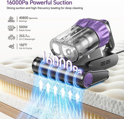 Mattress Vacuum Cleaner 18Kpa Bed Vacuum Cleaner with Smart Dust Sensor,253.7nm UV-C Light,HEPA Filter,150°F Heat,500W Powerful Handheld,for Bed,Sofa,Couch,Crib Gift Ideas for Women