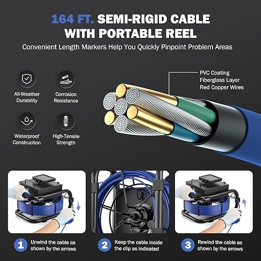 ZELCAN Sewer Camera, Drain Camera 165FT with 4.3 in. LCD Screen, Waterproof IP68 Borescope Plumbing Camera with 12 LED Lights with 5300mAh Battery DVR Recorder, Included 32GB Card