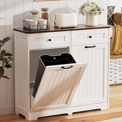 AHB Double Tilt Out Trash Can Cabinet for 2 Bins, Hidden Garbage Can Cabinet with Drawers, Wooden Trash Bin Cabinet, 10 Gallon Trash Can Holder Cabinet for Kitchen, Living Room, Laundry Room, White