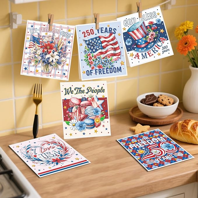 4th of July Reusable Swedish Dishcloths for Kitchen, 6PCS 250 Years of Freedom Cellulose Sponge Paper Towels Washable, Absorbent Fast Drying Swedish Dish Cloth for Home Cleaning