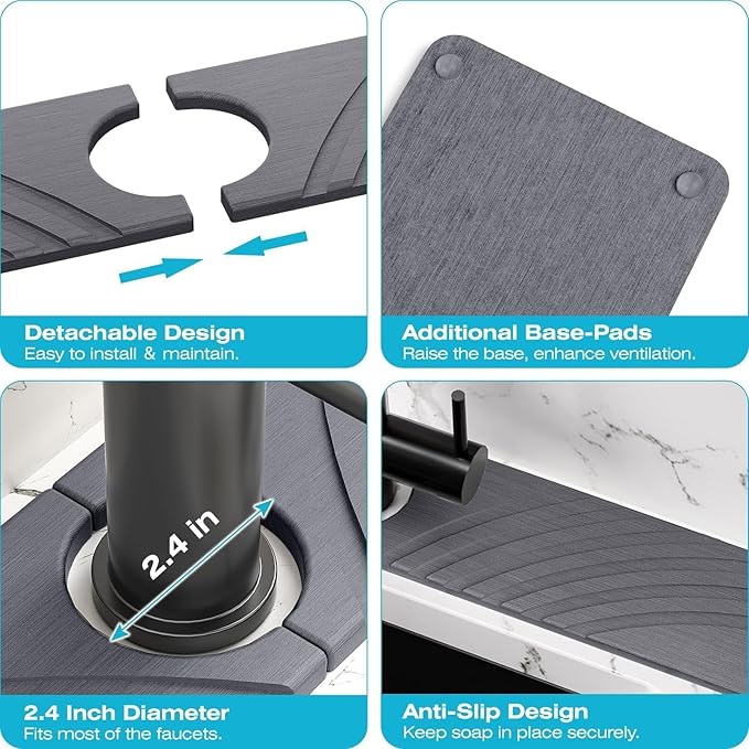 SpaceHacks Stone Faucet Mat for Kitchen Sink - Fast Drying Diatomite Stone Drying Mat, Textured Drainage Sink Protector, Water Splash Guard with Base Pads for Bathroom Counter (23.7x4 in, Dark Gray)