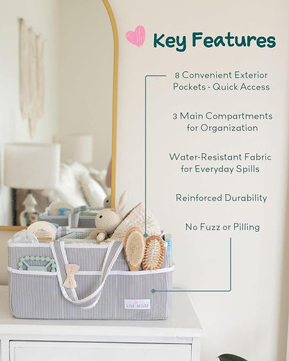 Lily Miles Baby Diaper Caddy Organizer, Baby Shower Basket for Newborn Boys or Girls, Nursery Must Haves for New Mom, Registry Favorites, Large Storage Tote for Changing Table or Car, Gray