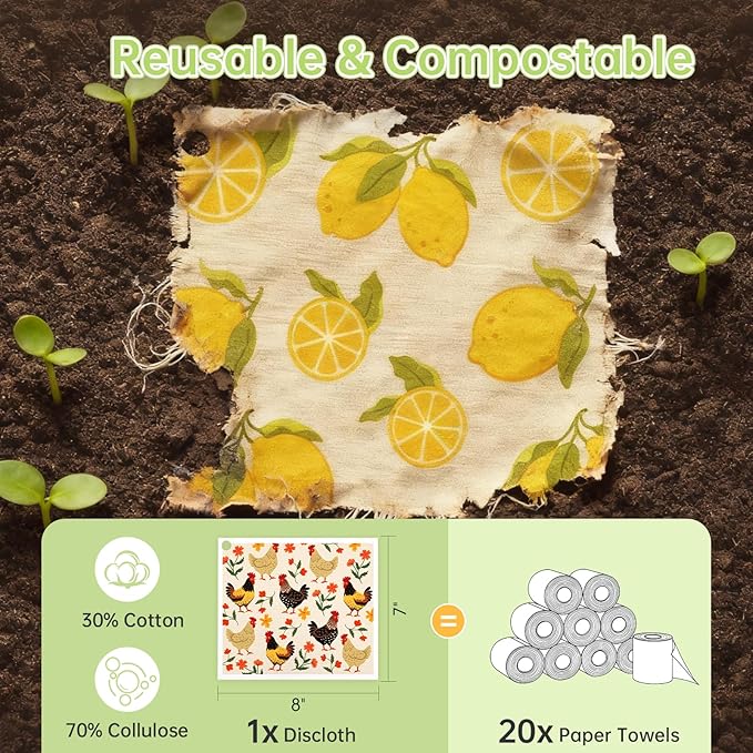 Swedish Dishcloths for Kitchen, 5 Pack Funny Chicken Reusable Paper Towels with 3 Hooks, Washable Dish Cloth Set, Absorbent Cleaning Cloth for Washing Dishes Housewarming Gifts for Friend