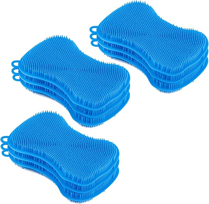 Silicone Heat Resistant Dishwasher Sponge, Fruit Cleaner, Vegetable Washer, Non Scratch Durable Bristles, Blue 3-Pack (9)