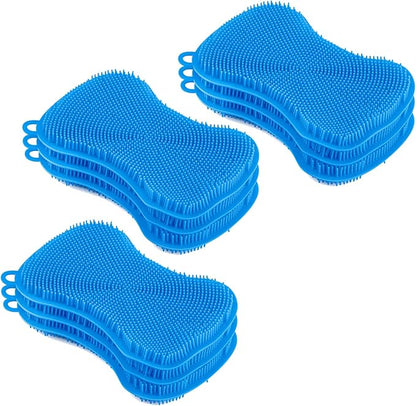 Silicone Heat Resistant Dishwasher Sponge, Fruit Cleaner, Vegetable Washer, Non Scratch Durable Bristles, Blue 3-Pack (9)