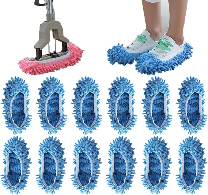 6 Pairs (12 Pieces) Dust Mop Slippers Shoe Cover Multi-Function Soft Washable Reusable Floor Cleaning Shoe Cover House Kitchen Office Cleaning Tools (Blue)