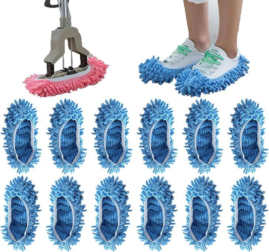 6 Pairs (12 Pieces) Dust Mop Slippers Shoe Cover Multi-Function Soft Washable Reusable Floor Cleaning Shoe Cover House Kitchen Office Cleaning Tools (Blue)