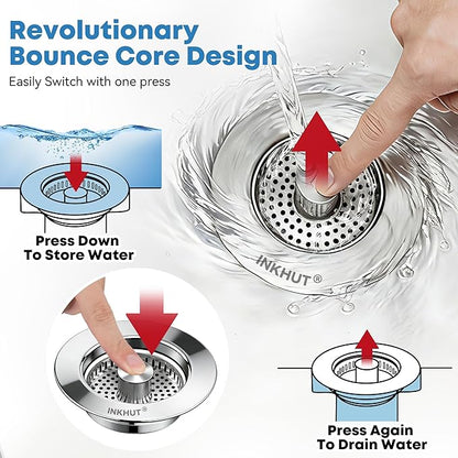 Upgraded 3 in 1 Kitchen Sink Drain Strainer - Stainless Steel Sink Stopper, Anti-Clogging Food Catcher Basket, Sink Bounce Core Drain Strainer Plug for US Standard 3 1/2 inch Drain (Mirror Silver)