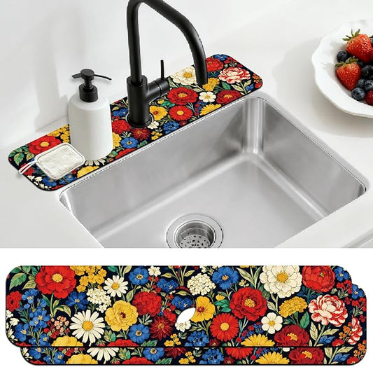 2 Pcs Kitchen Sink Splash Guard Faucet Mats Vintage Colored Flowers Pattern Faucet Mat for Sinks Absorbing Drying Mat for Kitchen Bathroom, 23.6x5.5inch