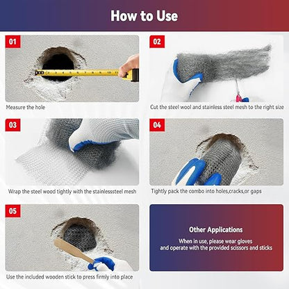 [Upgrade 4in1] Steel Wool Mice Control,Dual-Layer Protection for Mouse,Wire Mesh Hole Filler Gap Rodent Control Fill Fabric,Weep Hole Covers,3 Pack Steel Wool 0000&1 Pack Stainless Mesh Kit with Tools
