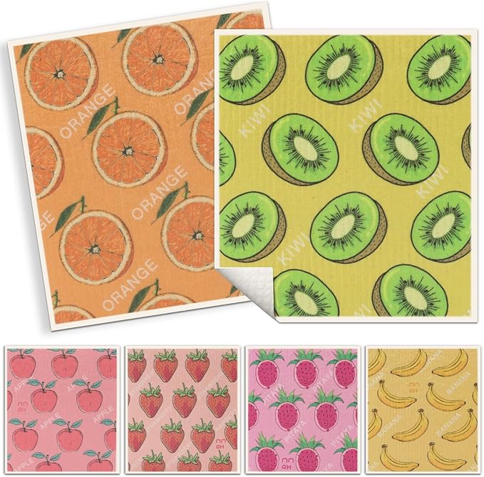 6 Pack Swedish Dishcloths for Kitchen |Watercolor Dish Towels | Reusable Paper Towels Washable | Non-Scratch Cellulose Sponge Cloths | No Odor, Biodegradable, Swedish Cloths, Fruits-2