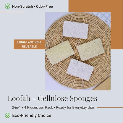 Loofah Sponge for Dishes – 2-in-1 Natural Dish Sponges, Pack of 4, Made with Loofah & Cellulose, Plastic-Free, Biodegradable, Fast-Drying, Non-Scratch & Hygienic