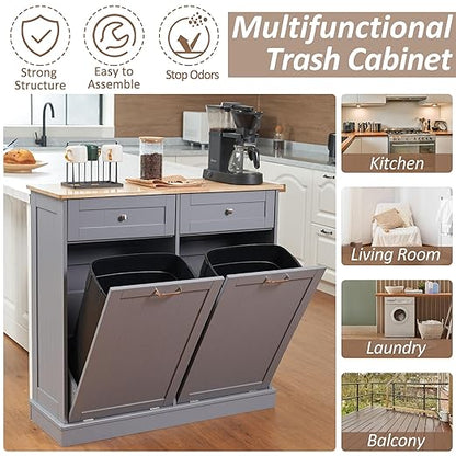 AHB Double Tilt Out Trash Can Cabinet Hidden Kitchen Trash Can, 2x13 Gallons Freestanding Recycling Cabinet with Hideaway Drawers Pet Proof Trash Can for Kitchen Living Room, Grey