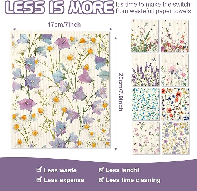 Vesici 8 Pieces Wildflowers Swedish Kitchen Dishcloths - Butterflies and Flowers Towels Set Absorbent Dish Cleaning Cloths Reusable Sponge Quick Drying Dishcloths for Home Kitchen Cleaning