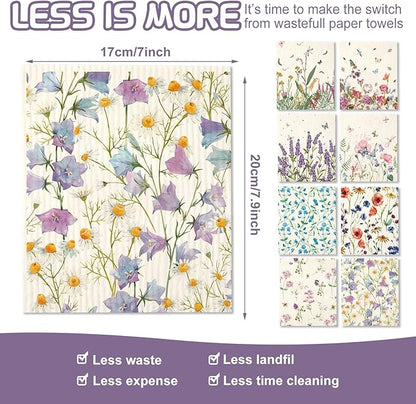Vesici 8 Pieces Wildflowers Swedish Kitchen Dishcloths - Butterflies and Flowers Towels Set Absorbent Dish Cleaning Cloths Reusable Sponge Quick Drying Dishcloths for Home Kitchen Cleaning