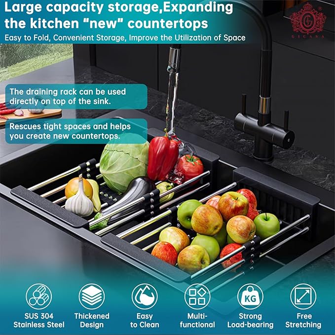 Sink Dish Drying Rack, Stainless Steel Drainer for 12.5"-20.5" Sinks, Kitchen Countertop Organizer for Dishes, Vegetables, and Fruits (Black & Large Size)