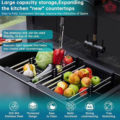 Sink Dish Drying Rack, Stainless Steel Drainer for 12.5"-20.5" Sinks, Kitchen Countertop Organizer for Dishes, Vegetables, and Fruits (Black & Large Size)
