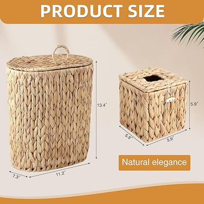BSSN Water Hyacinth Wicker Trash Can with Lid and Tissue Box Cover Set, 3 Gallon Rattan Bathroom Wastebasket, Boho Bathroom Accessories for Bedroom, Toilet, Office, Natural