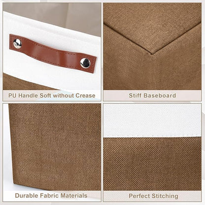 Bagnizer 13x13 Cube Storage Bins, Collapsible Fabric Storage Box, 4 Pack Closet Baskets with Handles for Organizing, Shelf, Toys, Clothes, Home, Office, Nursery (Brown&White)