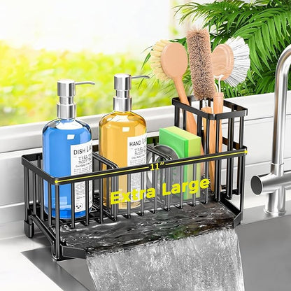TomCare Extra Large 11'' Sink Caddy With Drain Tray Non-slip Kitchen Sink Organizer With 2 Adjustable Dividers High Brush Holder Rustproof Sponge Holder Kitchen Storage Accessories for Counter