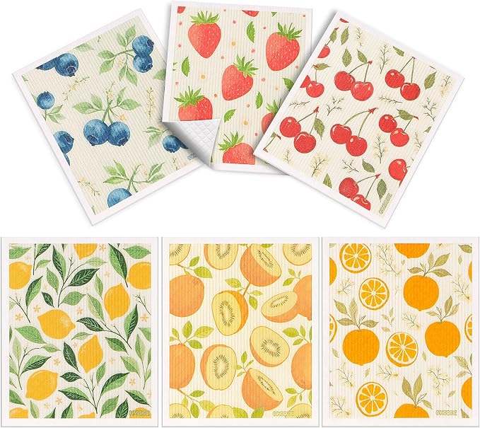 Swedish Dishcloths for Kitchen, 6 Pack Reusable Paper Towels, Biodegradable Swedish Rags Dish Towels, Washable Absorbent Cellulose Sponge Cloths No Odor for Cleaning Home Kitchen