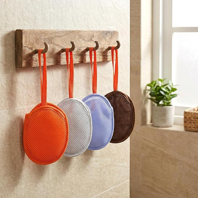 4 Pcs Mesh Soap Bag, Exfoliating Soap Pouch, Soaps Loofah Pouch for Women and Men, Bar Soaps Scrubber Pouches for Shower Bathing Accessories (Gray, Purple, Orange, Coffee)