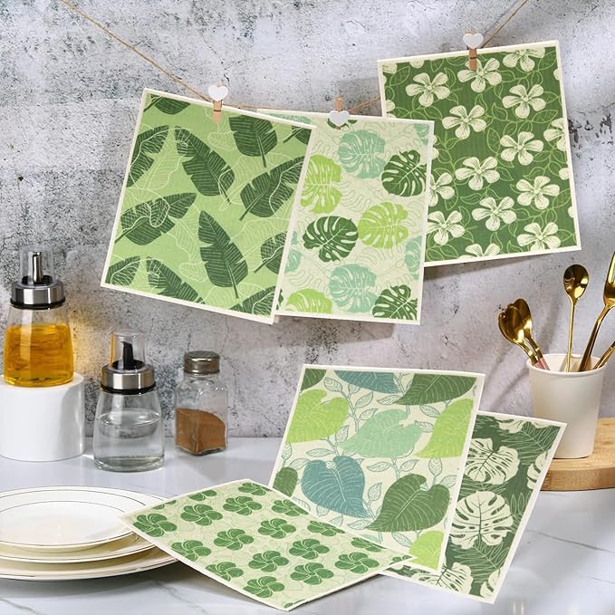6 - Pack Swedish Kitchen Dish Cloths - Reusable Paper Towels for Counters & Dishes - Eco Friendly Cellulose Sponge Cloth (Botany)